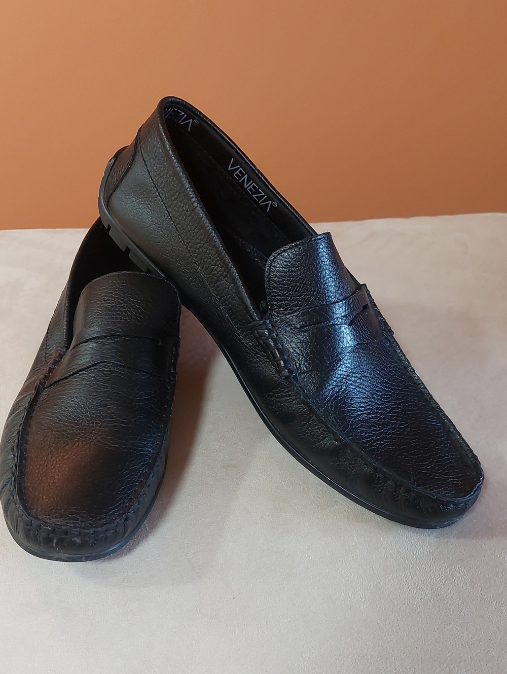 Venezia Black Pebble Leather Slip-On Loafers, Made in ITALY